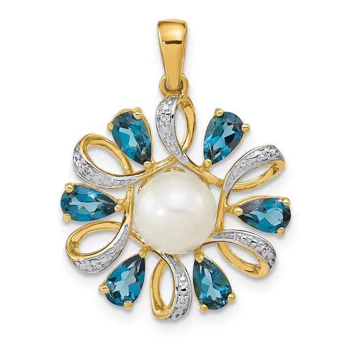 Goldiacom Necklaces 14k Diamond and 6 7mm Button FW Cultured PearlLondon Blue Topaz Pendant Goldiacom Necklaces 14k Diamond and 6 7mm Button FW Cultured PearlLondon Blue Topaz Pendant