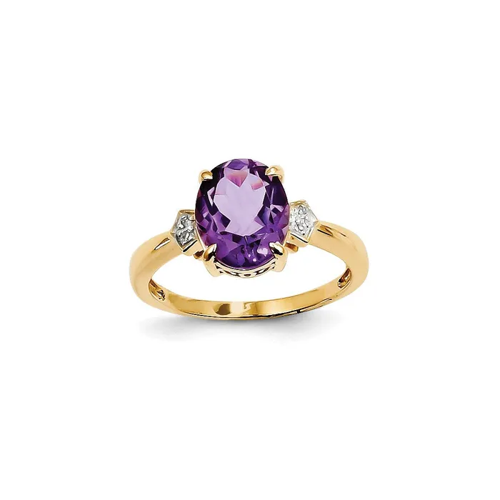 Goldiacom Rings 14K Yellow Gold Real Diamond and Amethyst Oval Ring