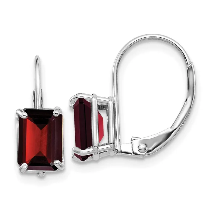 Goldia Earrings 14k White Gold Emerald Cut Garnet Leverback Earrings