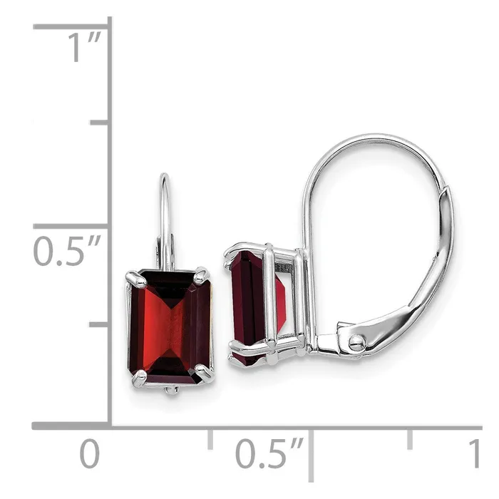 Goldia Earrings 14k White Gold Emerald Cut Garnet Leverback Earrings