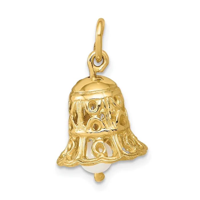 Goldia Earrings 14k Yellow Gold 3D Wedding Bell w Fresh Water Cultured Pearl Charm Goldia Earrings 14k Yellow Gold 3D Wedding Bell w Fresh Water Cultured Pearl Charm