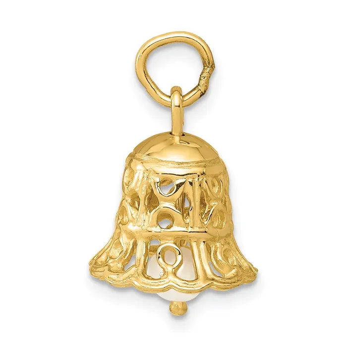 Goldia Earrings 14k Yellow Gold 3D Wedding Bell w Fresh Water Cultured Pearl Charm