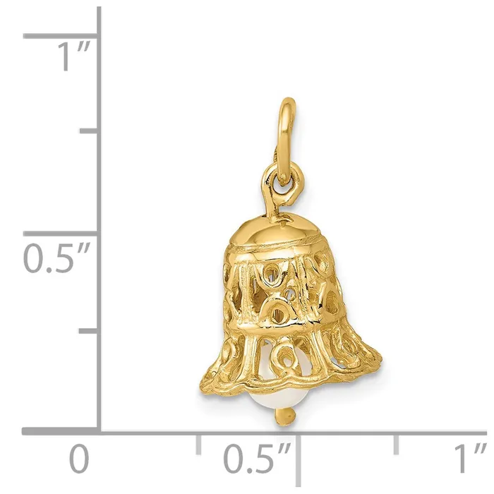 Goldia Earrings 14k Yellow Gold 3D Wedding Bell w Fresh Water Cultured Pearl Charm