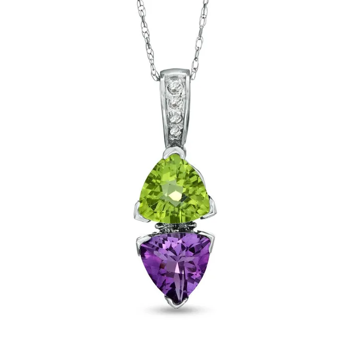 Goldia Earrings 70mm TrillionCut Amethyst Peridot and Natural Diamond Accent Drop Pendant in 10K White Gold Goldia Earrings 70mm TrillionCut Amethyst Peridot and Natural Diamond Accent Drop Pendant in 10K White Gold