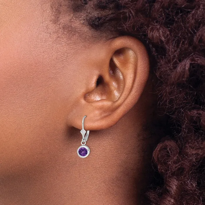 Goldia Earrings Sterling Silver Rhodium Plated 6mm Round Amethyst Leverback Earrings