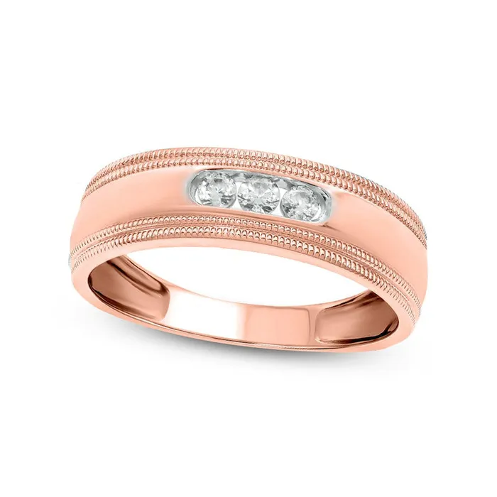 Goldia Mens 020 CT TW Natural Diamond Three Stone Milgrain Wedding Band in Solid 14K Rose Gold Rings