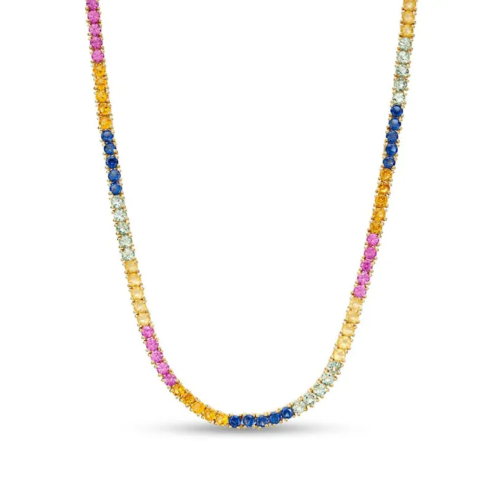 Goldia Necklaces 30mm MultiColor LabCreated Sapphire Rainbow Tennis Choker Necklace in Sterling Silver with 10K Yellow Gold Plate Goldia Necklaces 30mm MultiColor LabCreated Sapphire Rainbow Tennis Choker Necklace in Sterling Silver with 10K Yellow Gold Plate