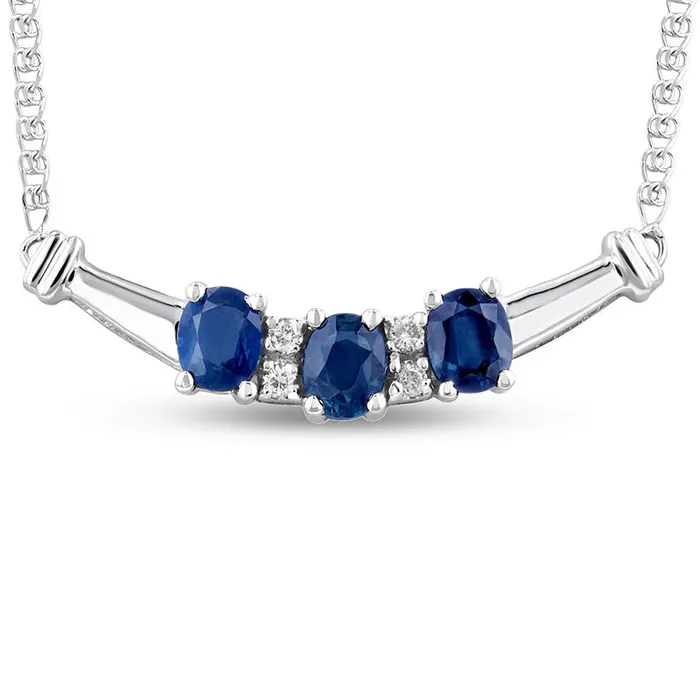 Goldia Necklaces Oval Blue Sapphire and 007 CT TW Natural Diamond Three Stone Curved Bar Necklace in 14K White Gold 1725 Goldia Necklaces Oval Blue Sapphire and 007 CT TW Natural Diamond Three Stone Curved Bar Necklace in 14K White Gold 1725