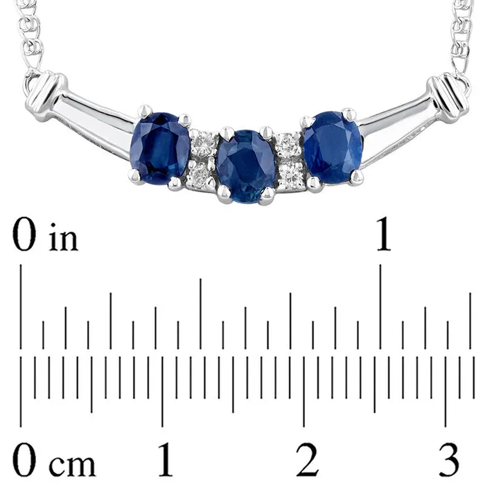 Goldia Necklaces Oval Blue Sapphire and 007 CT TW Natural Diamond Three Stone Curved Bar Necklace in 14K White Gold 1725