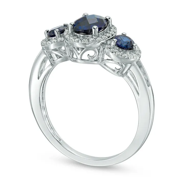 Goldia Oval LabCreated Blue and White Sapphire Frame Three Stone Ring in Sterling Silver Rings Goldia Oval LabCreated Blue and White Sapphire Frame Three Stone Ring in Sterling Silver Rings