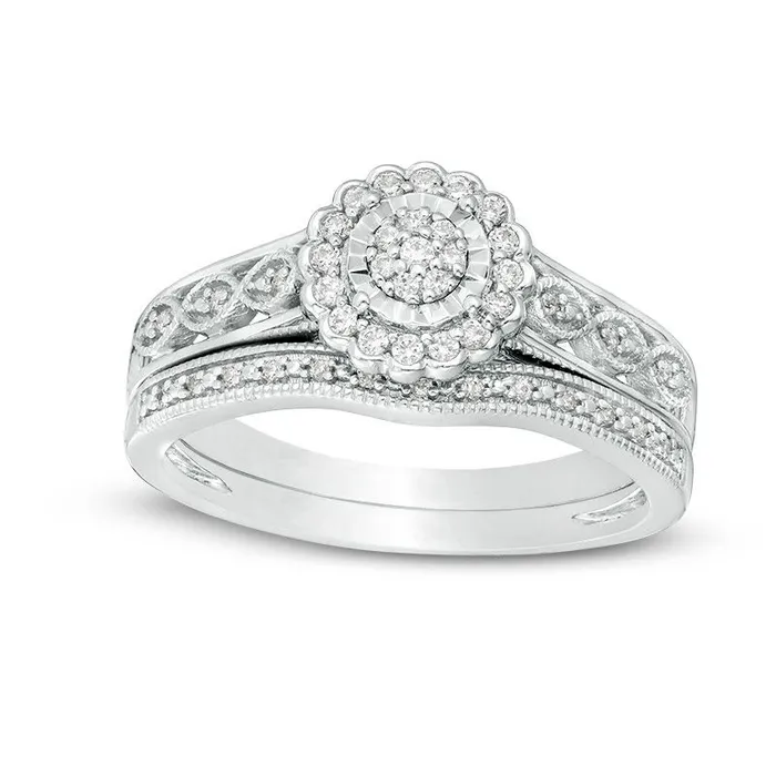 Goldia Rings 020 CT TW Composite Natural Diamond Flower Frame Antique VintageStyle Bridal Engagement Ring Set in Sterling Silver Goldia Rings 020 CT TW Composite Natural Diamond Flower Frame Antique VintageStyle Bridal Engagement Ring Set in Sterling Silver