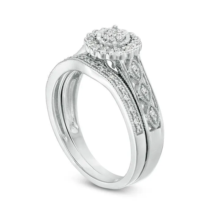 Goldia Rings 020 CT TW Composite Natural Diamond Flower Frame Antique VintageStyle Bridal Engagement Ring Set in Sterling Silver Goldia Rings 020 CT TW Composite Natural Diamond Flower Frame Antique VintageStyle Bridal Engagement Ring Set in Sterling Silver