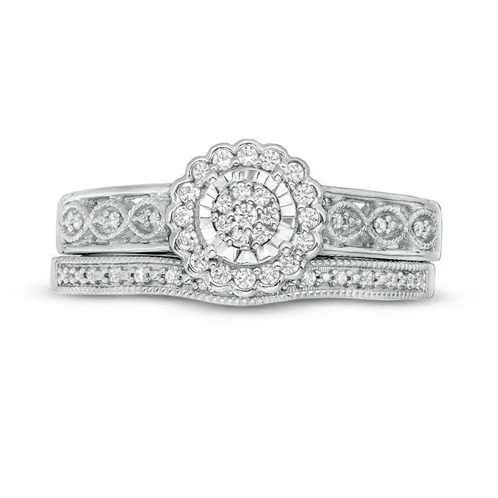 Goldia Rings 020 CT TW Composite Natural Diamond Flower Frame Antique VintageStyle Bridal Engagement Ring Set in Sterling Silver Goldia Rings 020 CT TW Composite Natural Diamond Flower Frame Antique VintageStyle Bridal Engagement Ring Set in Sterling Silver