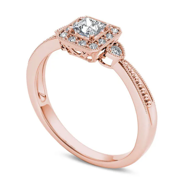 Goldia Rings 033 CT TW PrincessCut Natural Diamond Frame Antique VintageStyle Engagement Ring in Solid 14K Rose Gold