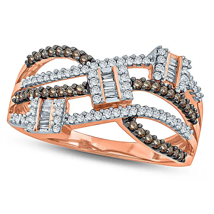 Goldia Rings 050 CT TW Champagne and White Natural Diamond Three Stone Cluster MultiRow Wave Ring in Solid 10K Rose Gold