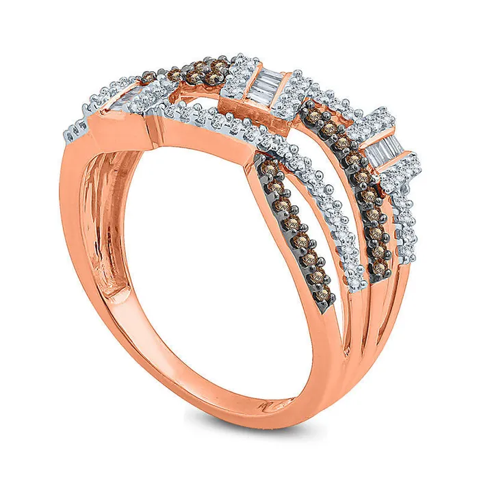 Goldia Rings 050 CT TW Champagne and White Natural Diamond Three Stone Cluster MultiRow Wave Ring in Solid 10K Rose Gold Goldia Rings 050 CT TW Champagne and White Natural Diamond Three Stone Cluster MultiRow Wave Ring in Solid 10K Rose Gold