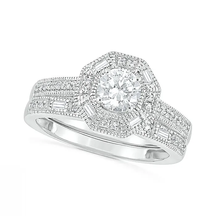 Goldia Rings 075 CT TW Baguette and Round Natural Diamond Octagonal Frame Antique VintageStyle Bridal Engagement Ring Set in Solid 10K White Gold Goldia Rings 075 CT TW Baguette and Round Natural Diamond Octagonal Frame Antique VintageStyle Bridal Engagement Ring Set in Solid 10K White Gold