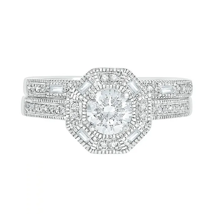 Goldia Rings 075 CT TW Baguette and Round Natural Diamond Octagonal Frame Antique VintageStyle Bridal Engagement Ring Set in Solid 10K White Gold Goldia Rings 075 CT TW Baguette and Round Natural Diamond Octagonal Frame Antique VintageStyle Bridal Engagement Ring Set in Solid 10K White Gold