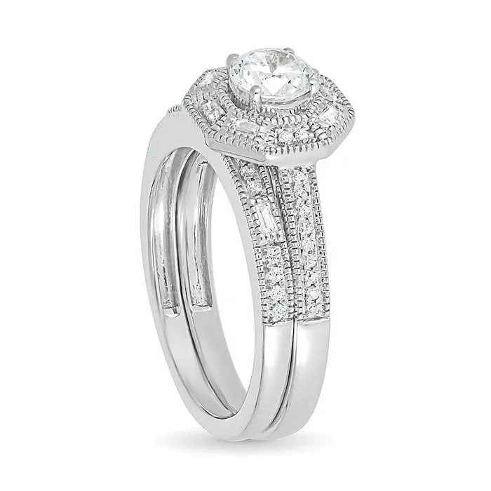 Goldia Rings 075 CT TW Baguette and Round Natural Diamond Octagonal Frame Antique VintageStyle Bridal Engagement Ring Set in Solid 10K White Gold Goldia Rings 075 CT TW Baguette and Round Natural Diamond Octagonal Frame Antique VintageStyle Bridal Engagement Ring Set in Solid 10K White Gold
