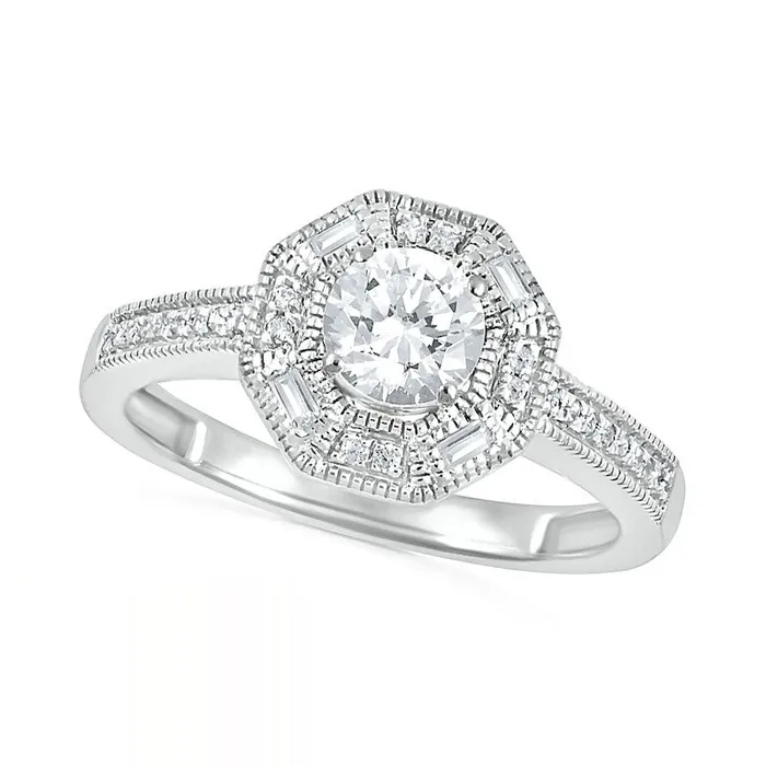 Goldia Rings 075 CT TW Baguette and Round Natural Diamond Octagonal Frame Antique VintageStyle Bridal Engagement Ring Set in Solid 10K White Gold Goldia Rings 075 CT TW Baguette and Round Natural Diamond Octagonal Frame Antique VintageStyle Bridal Engagement Ring Set in Solid 10K White Gold