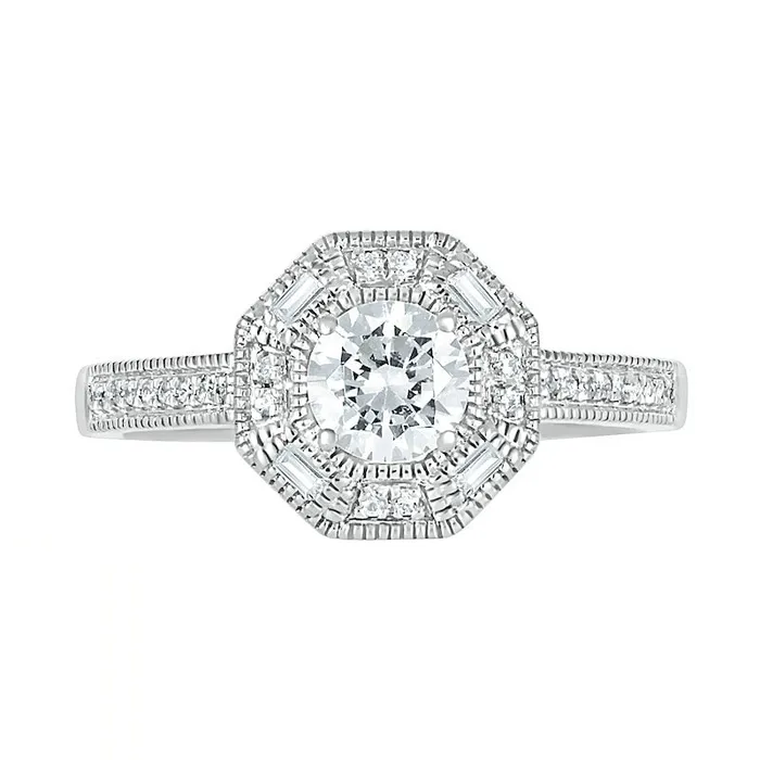 Goldia Rings 075 CT TW Baguette and Round Natural Diamond Octagonal Frame Antique VintageStyle Bridal Engagement Ring Set in Solid 10K White Gold Goldia Rings 075 CT TW Baguette and Round Natural Diamond Octagonal Frame Antique VintageStyle Bridal Engagement Ring Set in Solid 10K White Gold