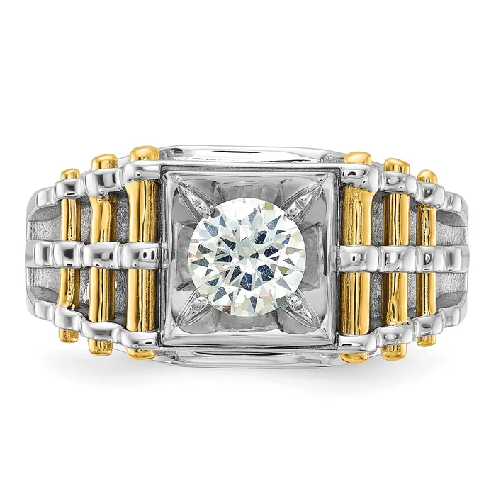 Goldia Rings 14k Twotone 1 Ct Lab Grown Diamond VSSI G Polished and Brushed Textured Mens Ring