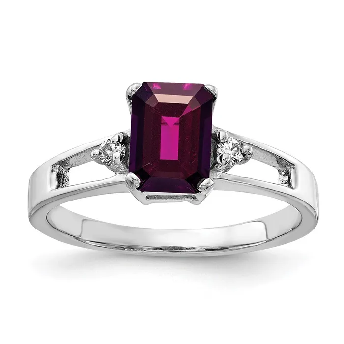 Goldia Rings 14k White Gold 7x5mm Emerald Cut Rhodolite Garnet VS Diamond ring