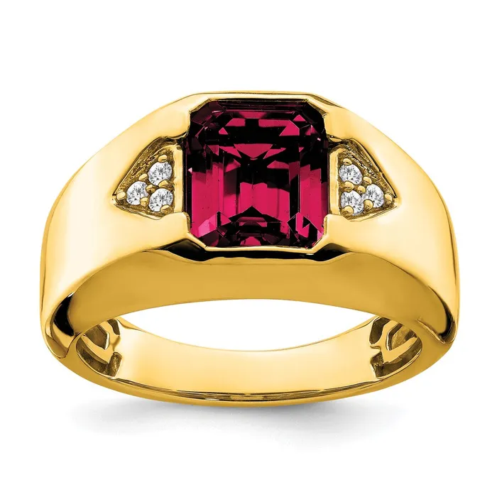 Goldia Rings 14K Yellow Gold Emeraldcut Created Ruby and Real Diamond Mens Ring
