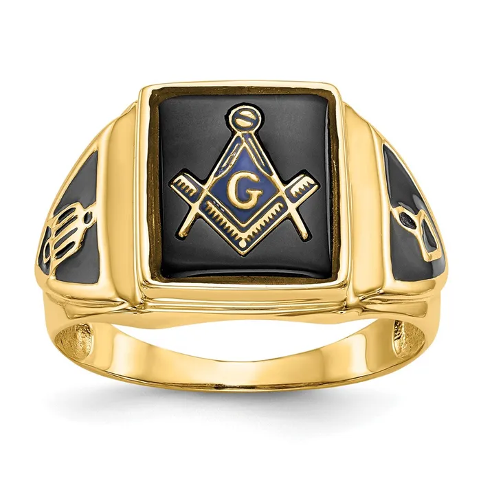 Goldia Rings 14k Yellow Gold Mens Polished Antiqued Textured Onyx Masonic Ring