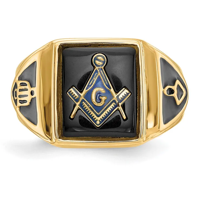 Goldia Rings 14k Yellow Gold Mens Polished Antiqued Textured Onyx Masonic Ring