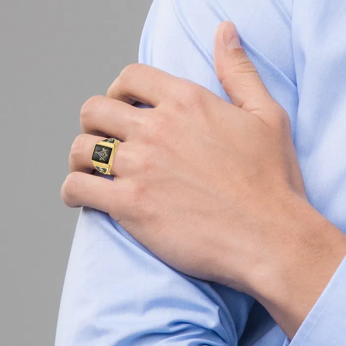 Goldia Rings 14k Yellow Gold Mens Polished Antiqued Textured Onyx Masonic Ring