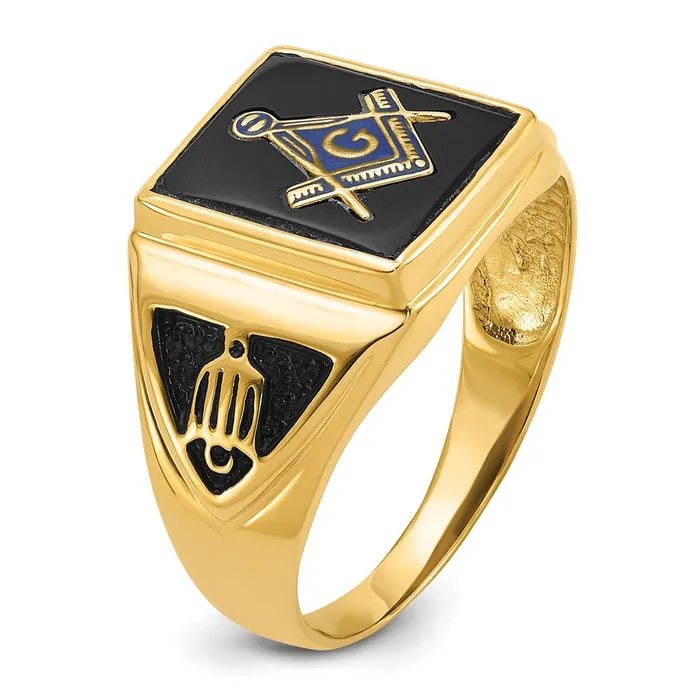 Goldia Rings 14k Yellow Gold Mens Polished Antiqued Textured Onyx Masonic Ring