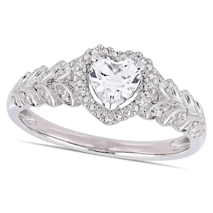 Goldia Rings 50mm HeartShaped LabCreated White Sapphire and 005 CT TW Diamond Beaded Frame Leaf Shank Ring in Solid 10K White Gold Goldia Rings 50mm HeartShaped LabCreated White Sapphire and 005 CT TW Diamond Beaded Frame Leaf Shank Ring in Solid 10K White Gold