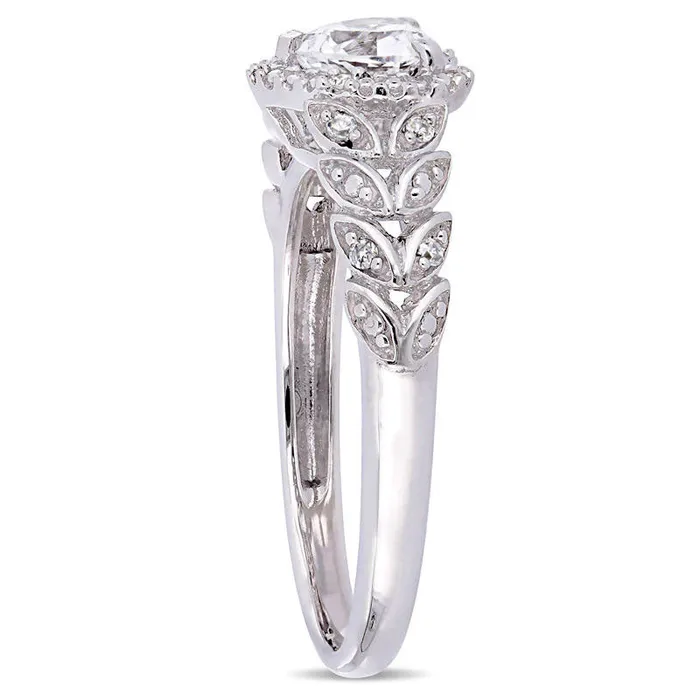 Goldia Rings 50mm HeartShaped LabCreated White Sapphire and 005 CT TW Diamond Beaded Frame Leaf Shank Ring in Solid 10K White Gold Goldia Rings 50mm HeartShaped LabCreated White Sapphire and 005 CT TW Diamond Beaded Frame Leaf Shank Ring in Solid 10K White Gold