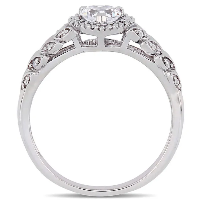 Goldia Rings 50mm HeartShaped LabCreated White Sapphire and 005 CT TW Diamond Beaded Frame Leaf Shank Ring in Solid 10K White Gold Goldia Rings 50mm HeartShaped LabCreated White Sapphire and 005 CT TW Diamond Beaded Frame Leaf Shank Ring in Solid 10K White Gold