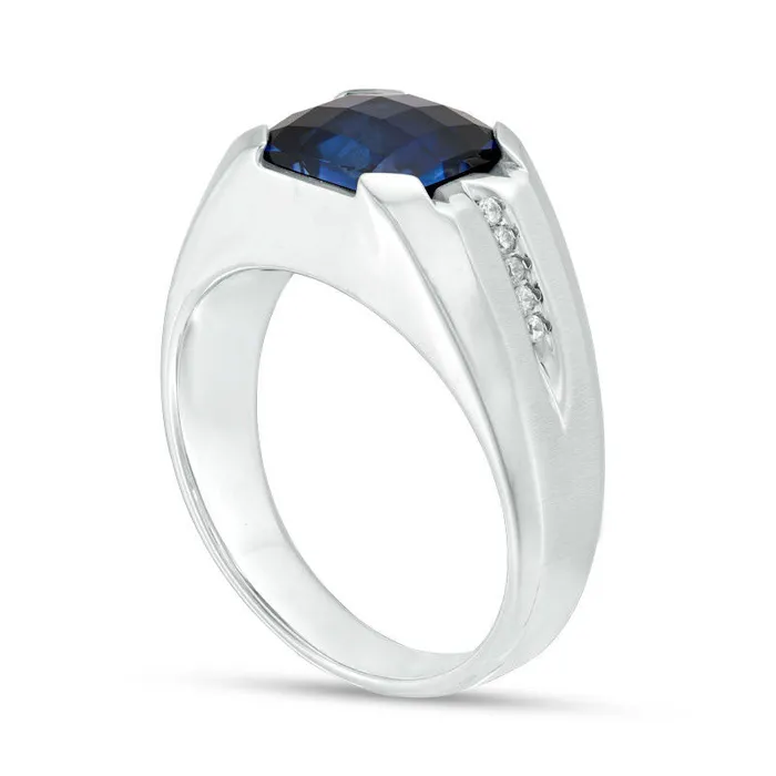 Goldia Rings Mens CushionCut LabCreated Blue Sapphire and 005 CT TW Diamond Ring in Sterling Silver Goldia Rings Mens CushionCut LabCreated Blue Sapphire and 005 CT TW Diamond Ring in Sterling Silver