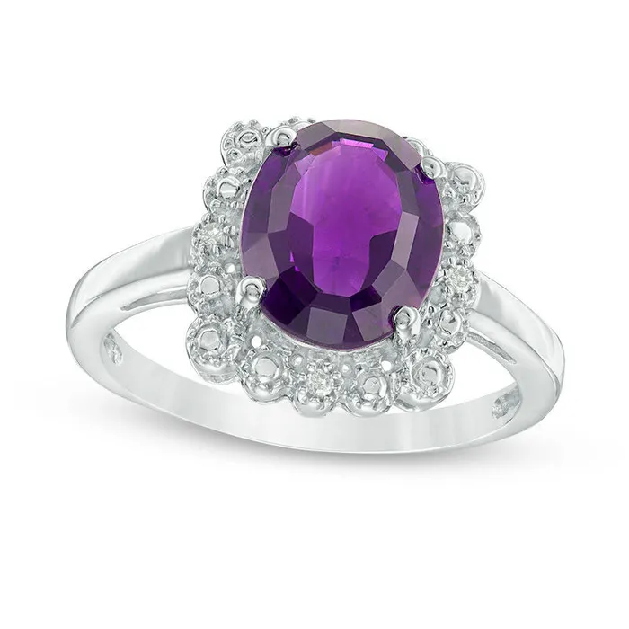 Goldia Rings Oval Amethyst and Natural Diamond Accent Scallop Frame Antique VintageStyle Ring in Sterling Silver Goldia Rings Oval Amethyst and Natural Diamond Accent Scallop Frame Antique VintageStyle Ring in Sterling Silver