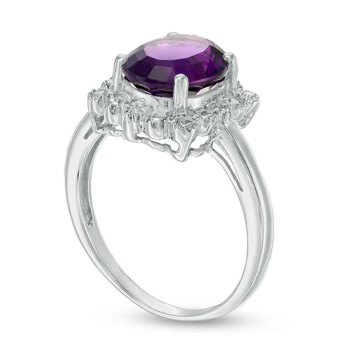 Goldia Rings Oval Amethyst and Natural Diamond Accent Scallop Frame Antique VintageStyle Ring in Sterling Silver Goldia Rings Oval Amethyst and Natural Diamond Accent Scallop Frame Antique VintageStyle Ring in Sterling Silver
