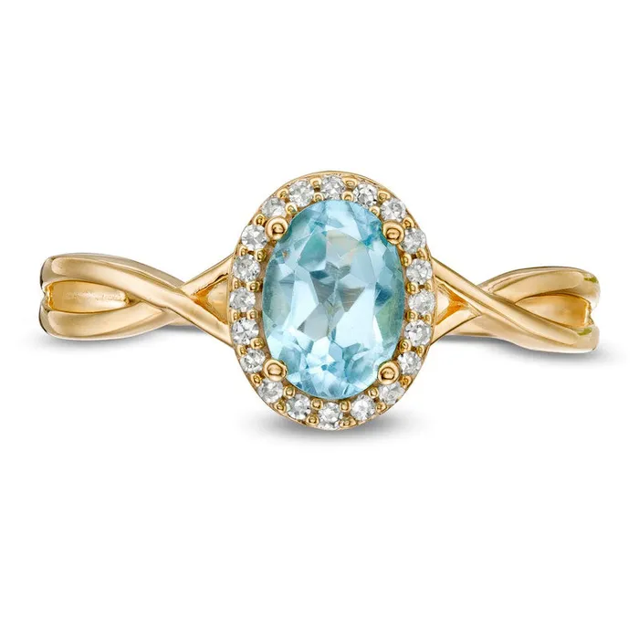 Goldia Rings Oval Swiss Blue Topaz and 007 CT TW Natural Diamond Frame Twist Shank Ring in Solid 10K Yellow Gold Goldia Rings Oval Swiss Blue Topaz and 007 CT TW Natural Diamond Frame Twist Shank Ring in Solid 10K Yellow Gold