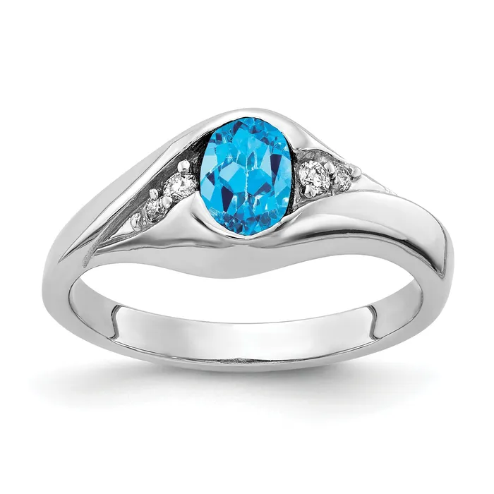 Goldia Rings Solid 14k White Gold 6x4mm Oval Simulated Blue Topaz ChecKer A CZ Ring