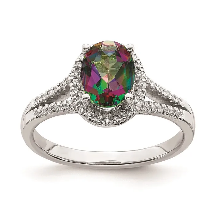 Goldia Rings Solid 14k White Gold Mystic Fire Simulated CZ Halo Complete Engagement Ring