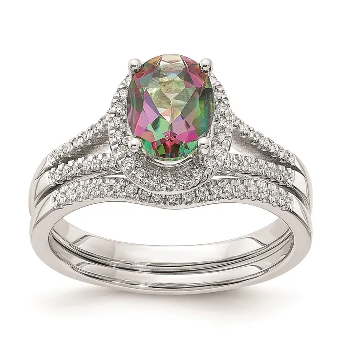 Goldia Rings Solid 14k White Gold Mystic Fire Simulated CZ Halo Complete Engagement Ring