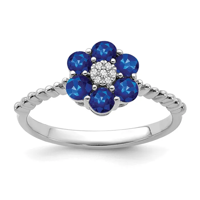 Goldia Rings Solid 14k White Gold Simulated Sapphire and CZ Floral Ring