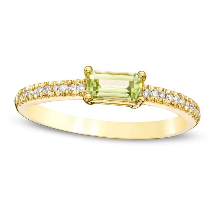 Goldia Sideways Baguette Peridot and 010 CT TW Natural Diamond Stackable Ring in Solid 10K Yellow Gold Rings Goldia Sideways Baguette Peridot and 010 CT TW Natural Diamond Stackable Ring in Solid 10K Yellow Gold Rings