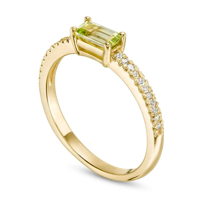 Goldia Sideways Baguette Peridot and 010 CT TW Natural Diamond Stackable Ring in Solid 10K Yellow Gold Rings Goldia Sideways Baguette Peridot and 010 CT TW Natural Diamond Stackable Ring in Solid 10K Yellow Gold Rings