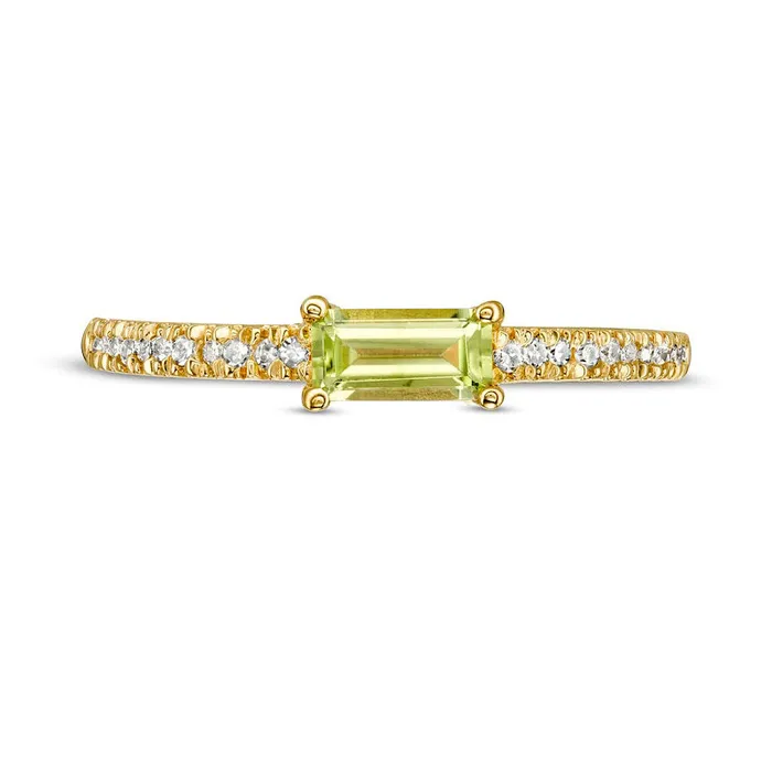 Goldia Sideways Baguette Peridot and 010 CT TW Natural Diamond Stackable Ring in Solid 10K Yellow Gold Rings Goldia Sideways Baguette Peridot and 010 CT TW Natural Diamond Stackable Ring in Solid 10K Yellow Gold Rings