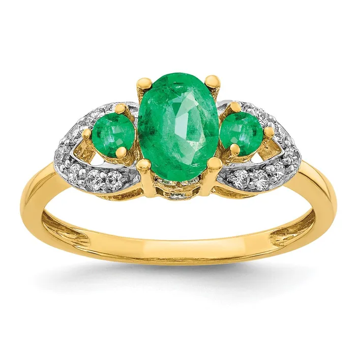 Goldia Solid 14k Yellow Gold Oval Simulated Emerald and CZ Ring Rings