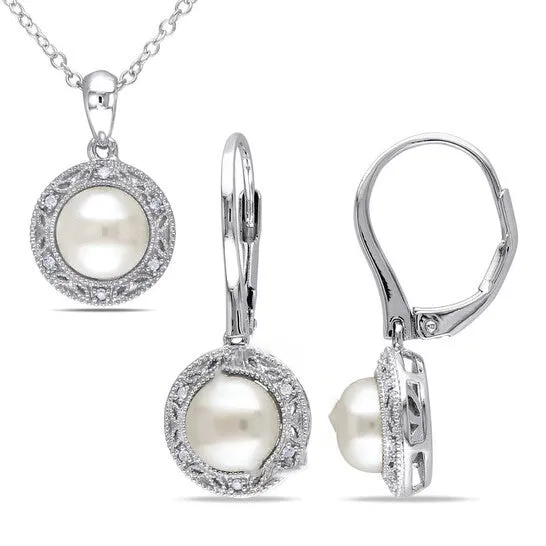 JMS always Earrings Original AMOUR 2 Piece Set Of 758 Mm Cultured Freshwater Pearl and 110 CT TW Diamond Halo Leverback Earrings and Pendant with Chain In Sterling Silver JMS always Earrings Original AMOUR 2 Piece Set Of 758 Mm Cultured Freshwater Pearl and 110 CT TW Diamond Halo Leverback Earrings and Pendant with Chain In Sterling Silver