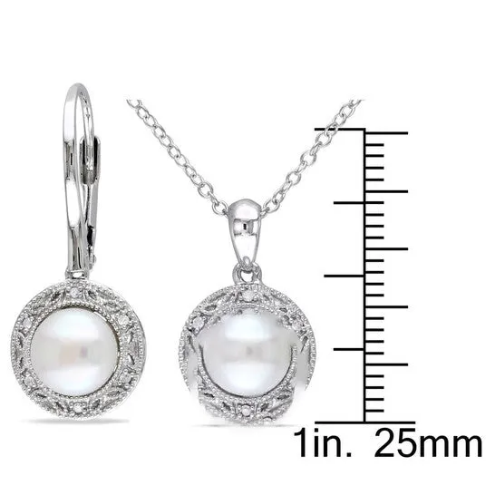 JMS always Earrings Original AMOUR 2 Piece Set Of 758 Mm Cultured Freshwater Pearl and 110 CT TW Diamond Halo Leverback Earrings and Pendant with Chain In Sterling Silver JMS always Earrings Original AMOUR 2 Piece Set Of 758 Mm Cultured Freshwater Pearl and 110 CT TW Diamond Halo Leverback Earrings and Pendant with Chain In Sterling Silver