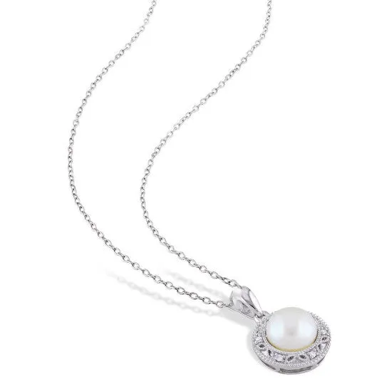 JMS always Earrings Original AMOUR 2 Piece Set Of 758 Mm Cultured Freshwater Pearl and 110 CT TW Diamond Halo Leverback Earrings and Pendant with Chain In Sterling Silver JMS always Earrings Original AMOUR 2 Piece Set Of 758 Mm Cultured Freshwater Pearl and 110 CT TW Diamond Halo Leverback Earrings and Pendant with Chain In Sterling Silver